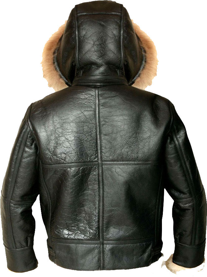 Mens Hooded Flight Bomber Leather Jacket With Fur