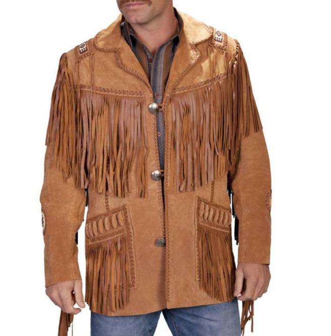 Men's New Tan Brown Western Suede Cow Leather Jacket Fringes, Cowboy Jacket