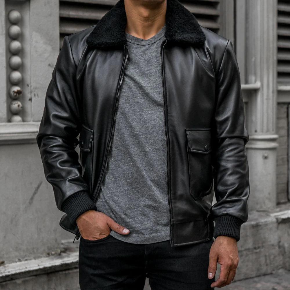 Men's Classic Black Shearling Flight Bomber Jacket – Stylish Warmth for Every Adventure