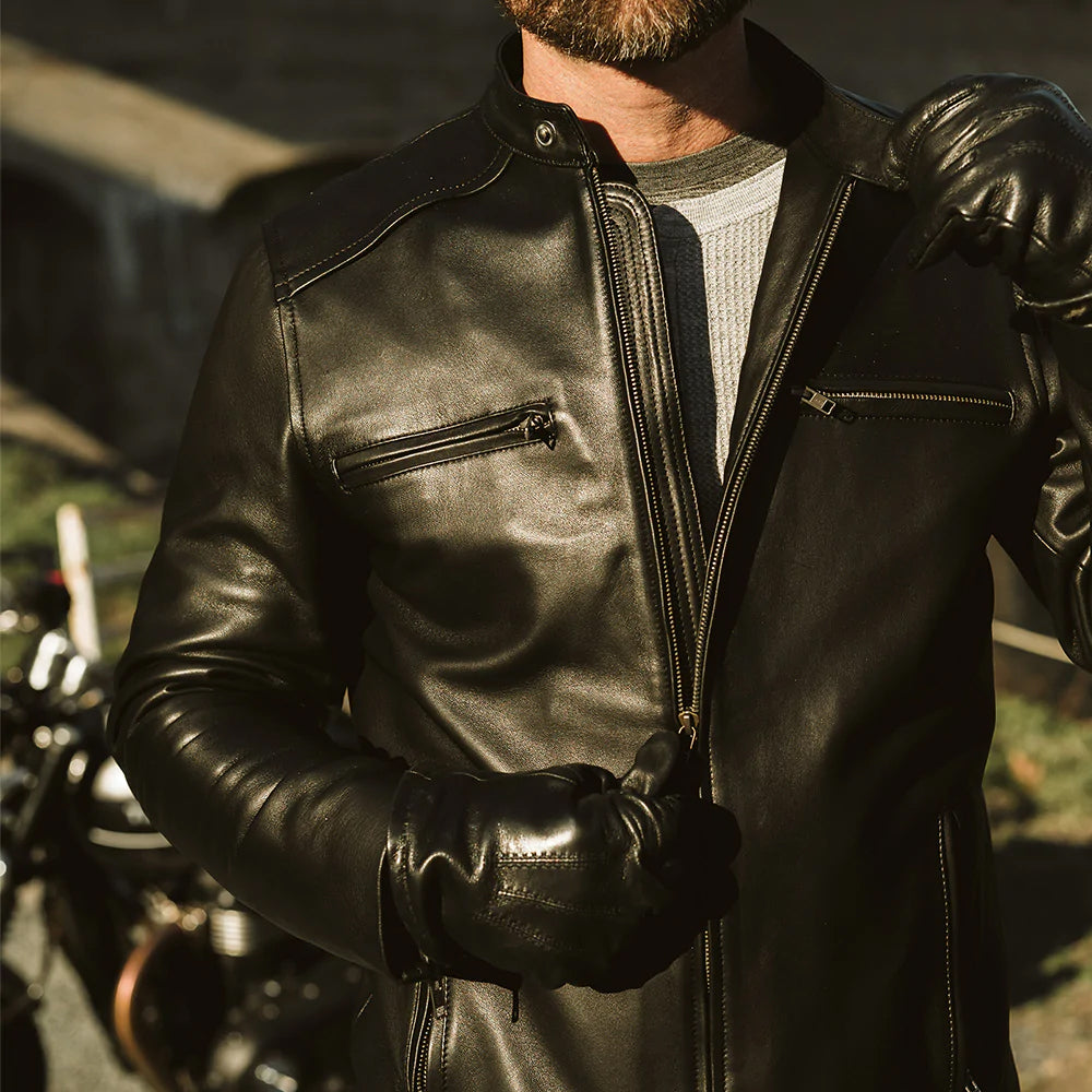 Mens Black Lambskin Leather Moto Riding Jacket