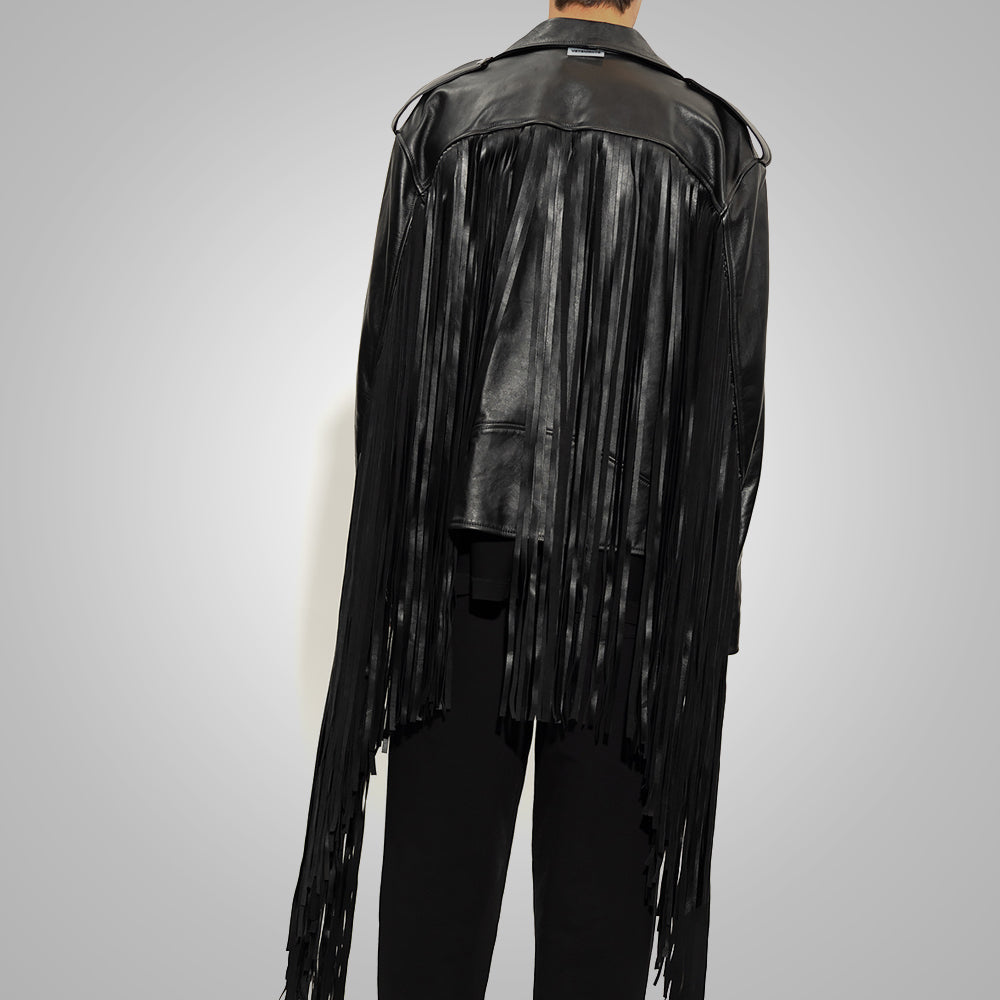 Mens Black Leather Motorcycle Cowboy Fringed Jacket