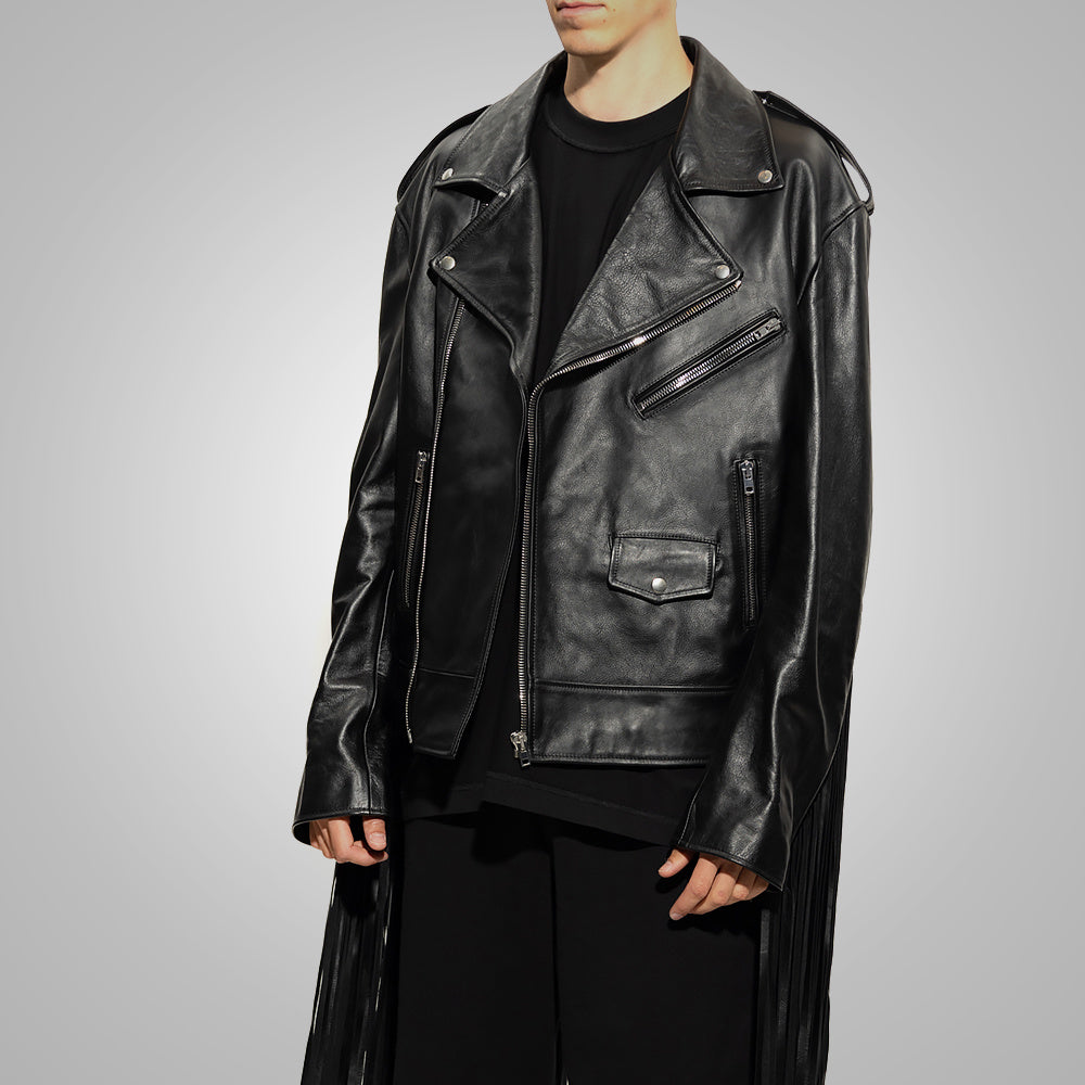 Mens Black Leather Motorcycle Cowboy Fringed Jacket