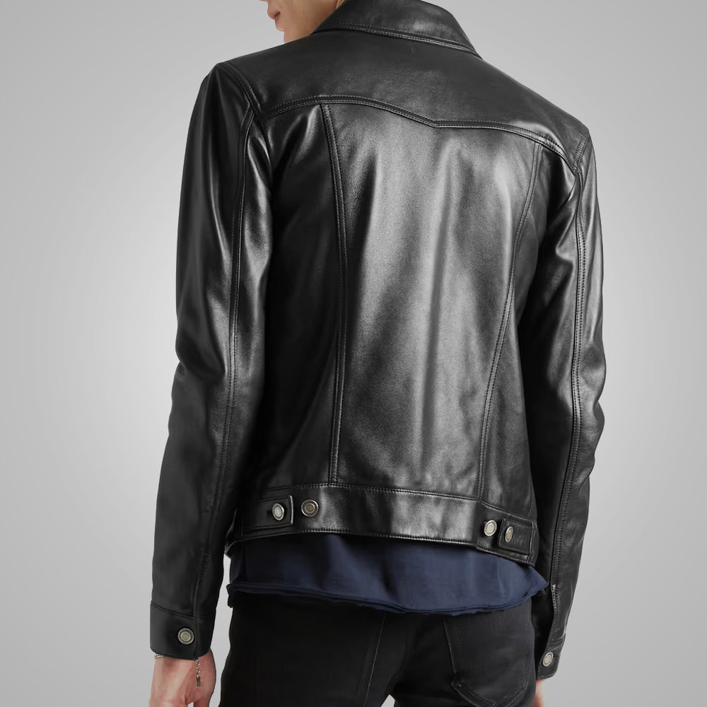 Mens Black Sheepskin Leather Trucker Jacket