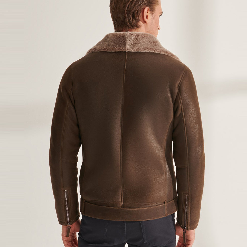 Mens Brown Biker Shearling Sheepskin Leather Aviator Jacket