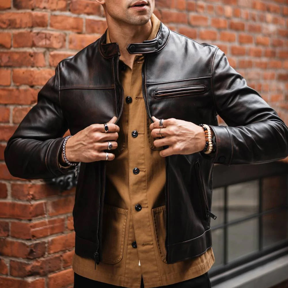 Mens Brown Cafe Racer Goatskin Leather Motorbike Jacket