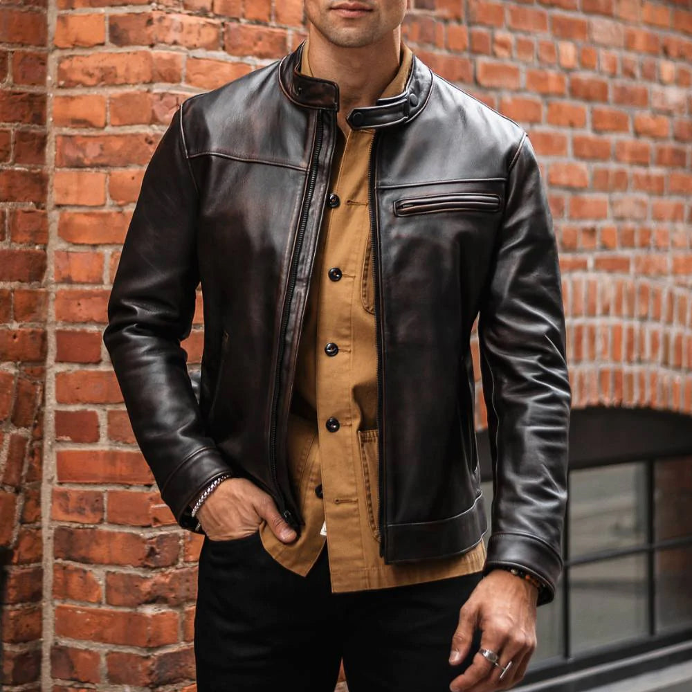 Mens Brown Cafe Racer Goatskin Leather Motorbike Jacket