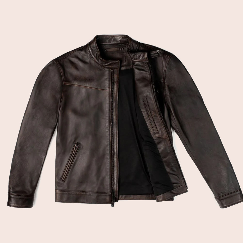 Mens Brown Cafe Racer Goatskin Leather Motorbike Jacket