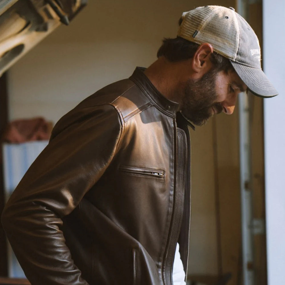 Mens Brown Cafe Racer Lambskin Leather Motorcycle Jacket