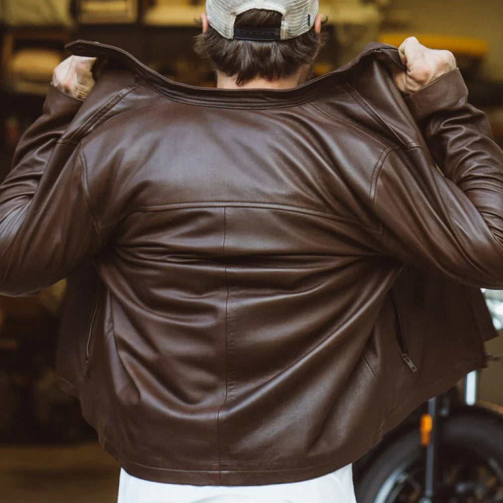 Mens Brown Cafe Racer Lambskin Leather Motorcycle Jacket