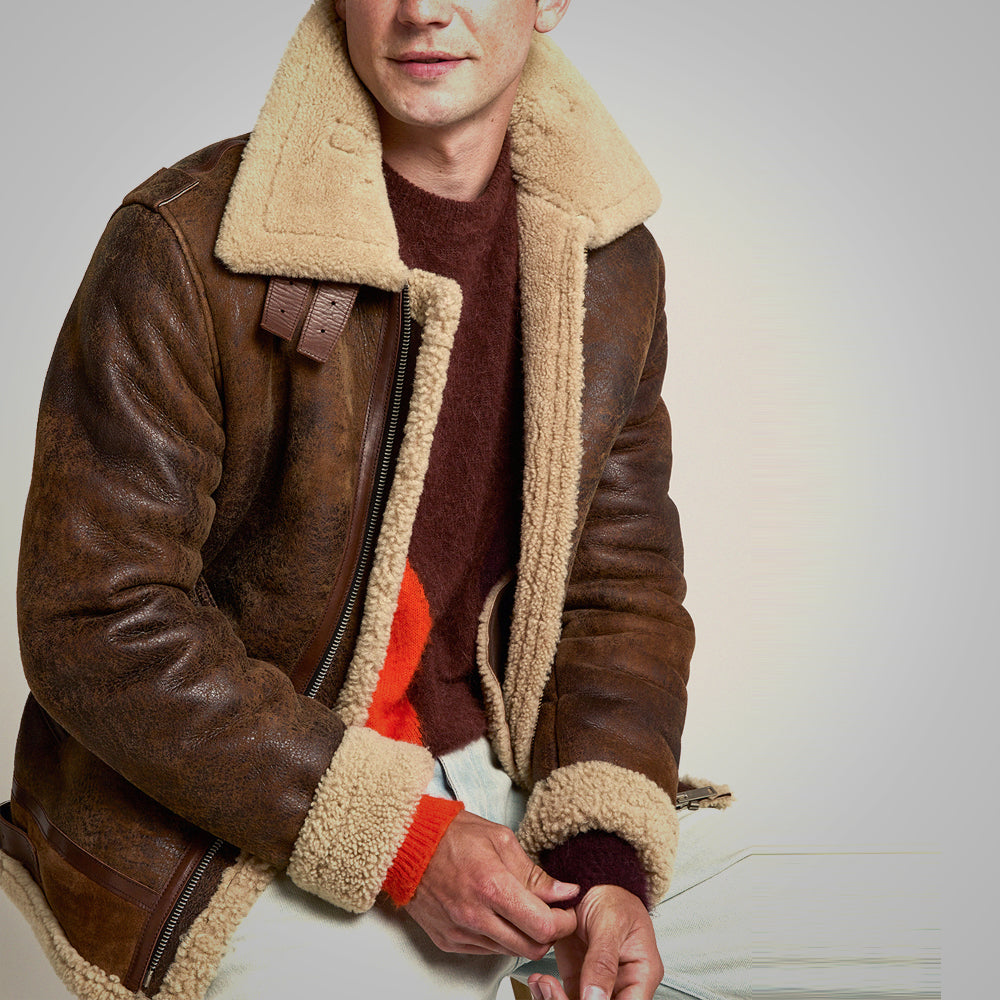 Mens Brown Distressed Leather Shearling Jacket