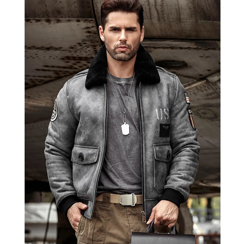 Mens Grey B3 RAF Flight Shearling Leather Jacket Coat