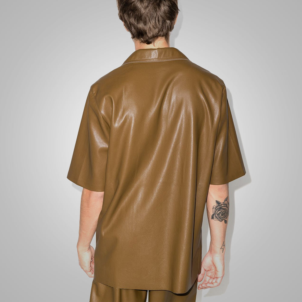 Mens Half Sleeves Khaki Leather Shirt