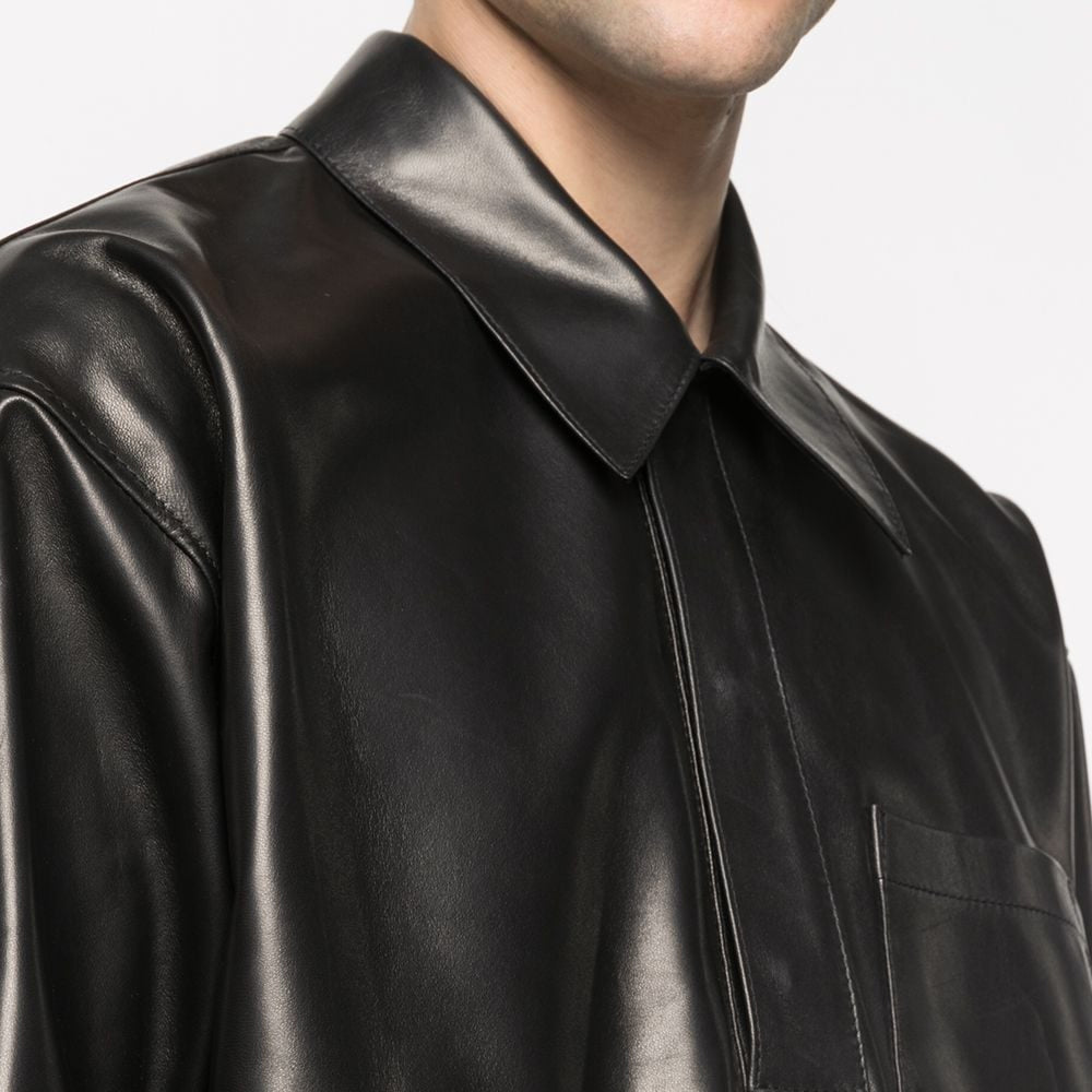 Mens Half Sleeves Soft Sheepskin Black Leather Shirt