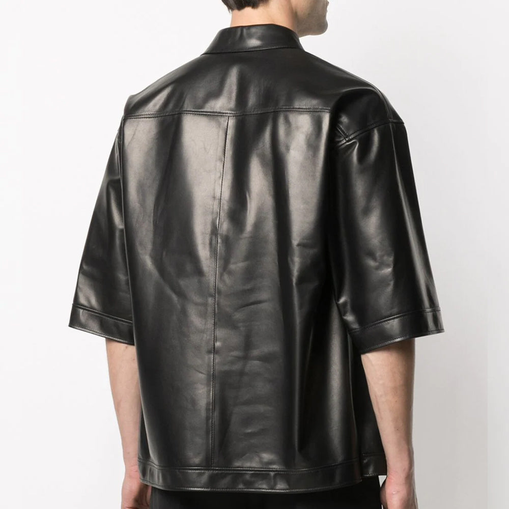 Mens Half Sleeves Soft Sheepskin Black Leather Shirt