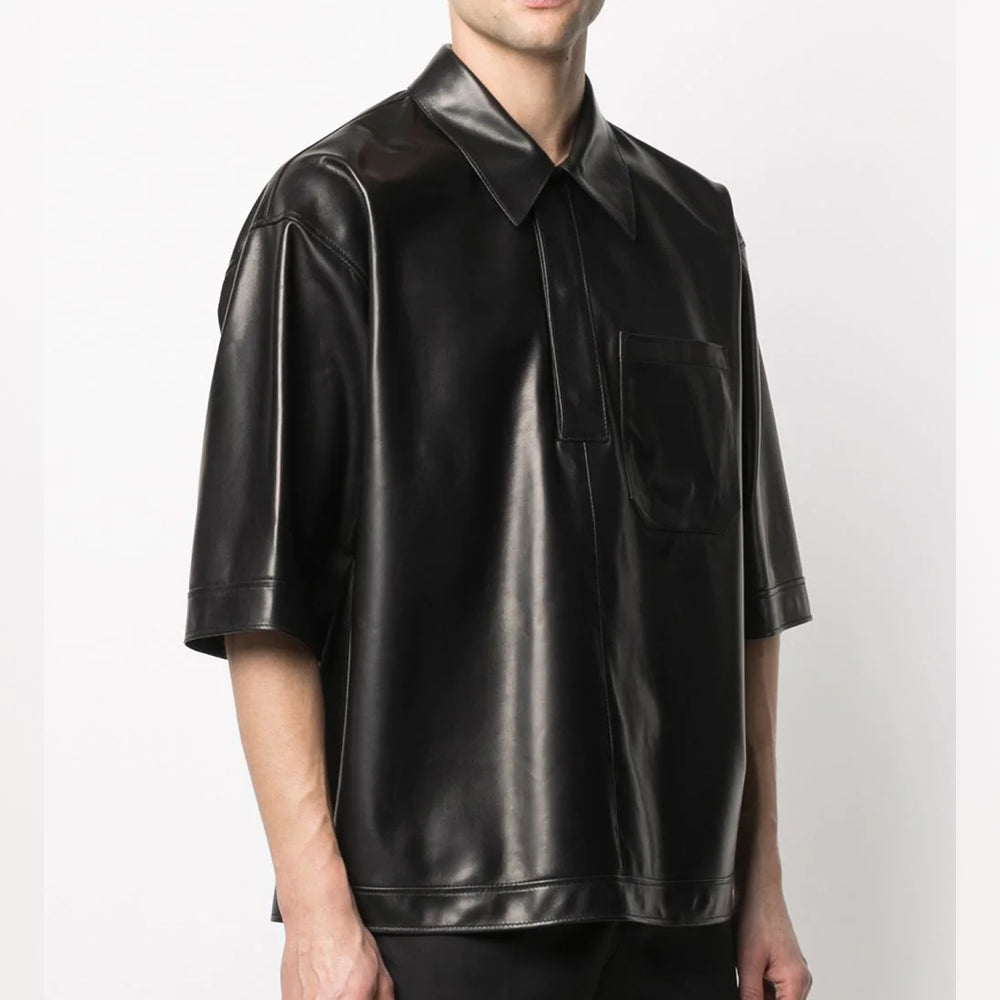 Mens Half Sleeves Soft Sheepskin Black Leather Shirt