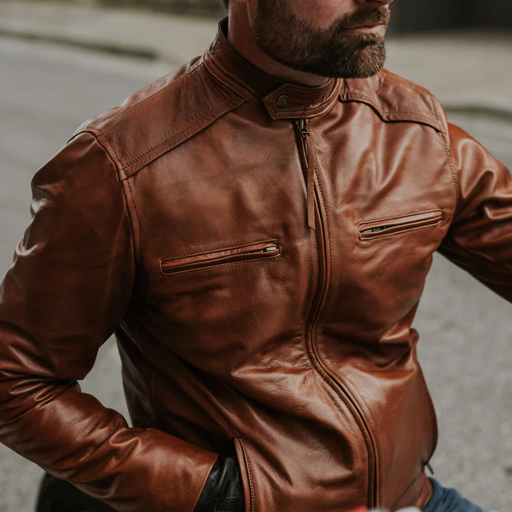 Mens Light Brown Cafe Racer Leather Motorbike Jacket