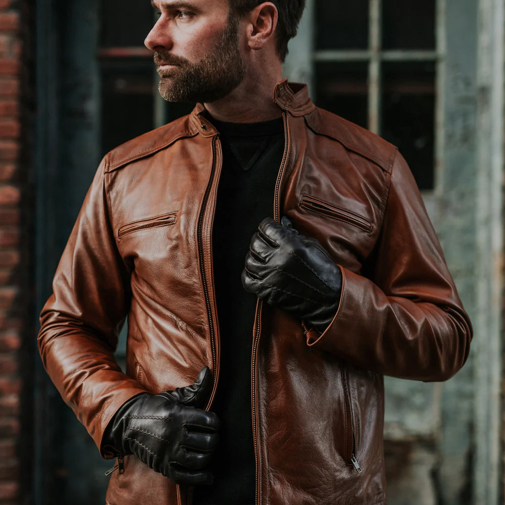 Mens Light Brown Cafe Racer Leather Motorbike Jacket