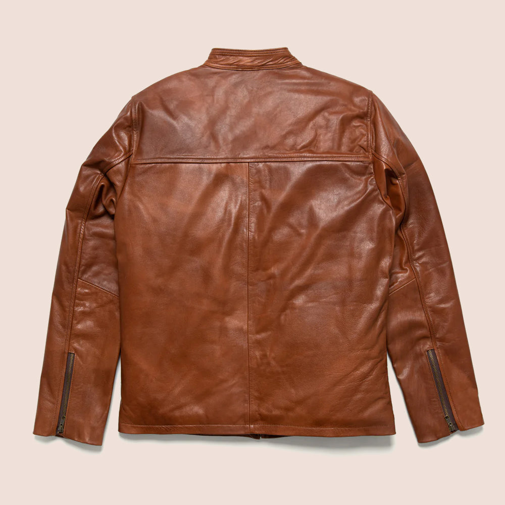 Mens Light Brown Cafe Racer Leather Motorbike Jacket