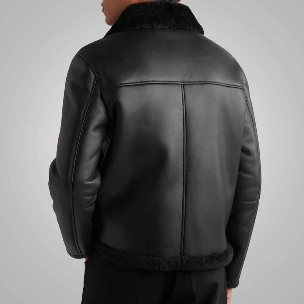 Mens Shearling Lined Leather Black Trucker Jacket