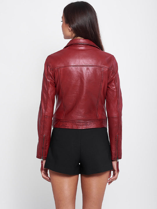 New Women's Red Genuine Leather Biker Jacket