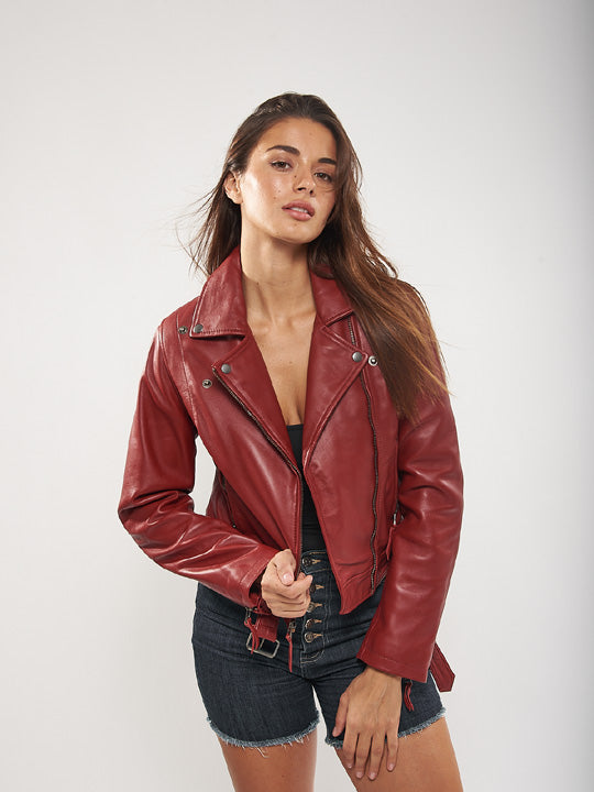 New Women's Red Genuine Leather Biker Jacket