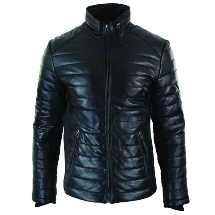 Genuine Quilted Mens Real Leather Puffer Zipped Jacket Black Casual