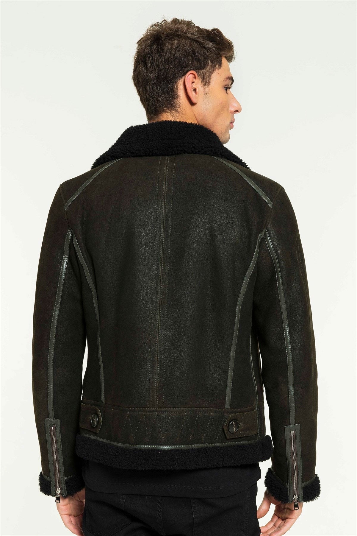 Men Aviator Dark Green&Black Shearling Jacket