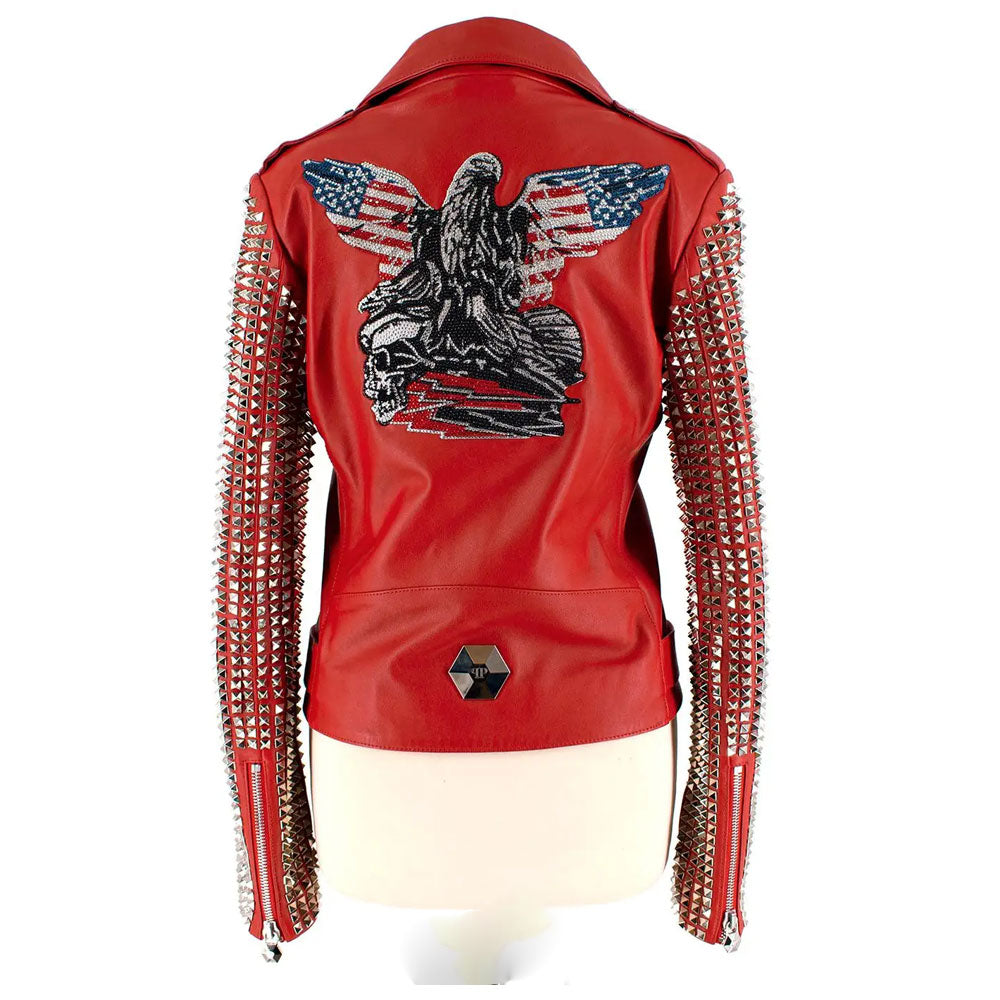 New Women's Red studded Fashion Motorcycle  Leather Biker Jacket