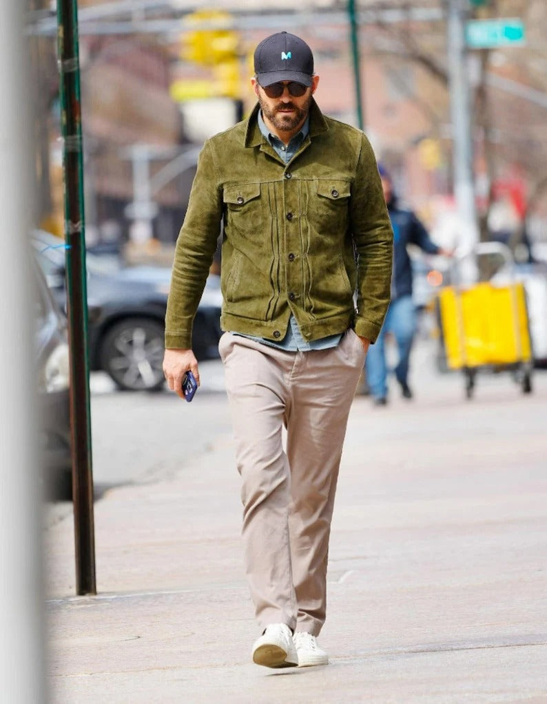 Ryan Reynolds Green Suede Leather Trucker Jacket