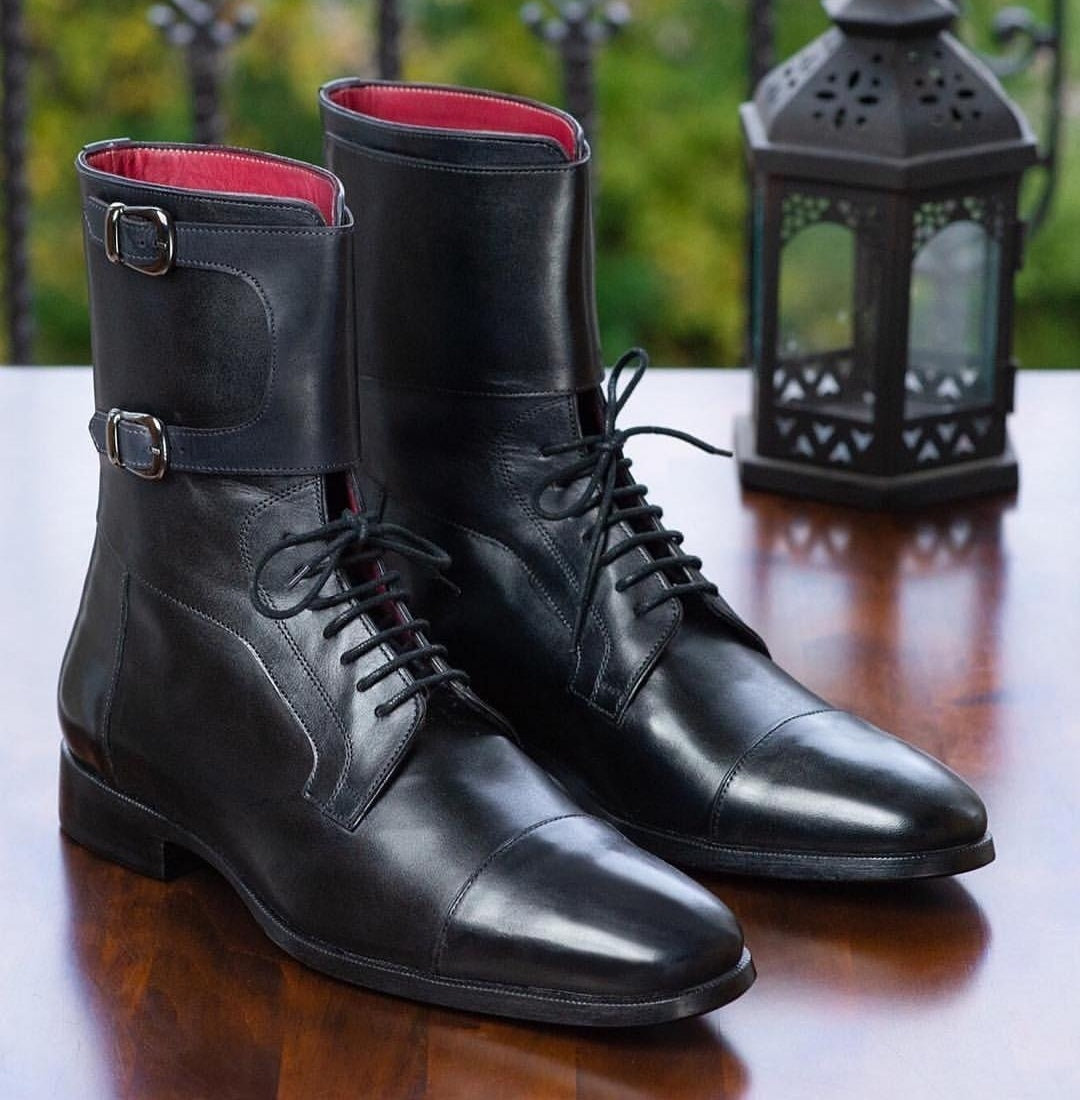 Handmade Double Monk Ankle High Lace Up boot, Men's Black Cap Toe Leather