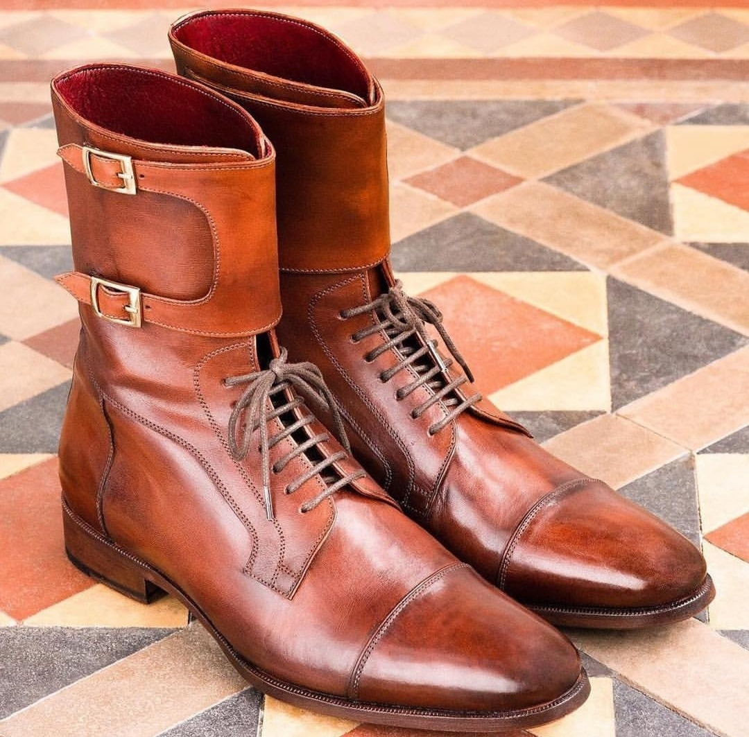 Handmade Double Monk Ankle High Lace Up boot, Men's Brown Cap Toe Leather