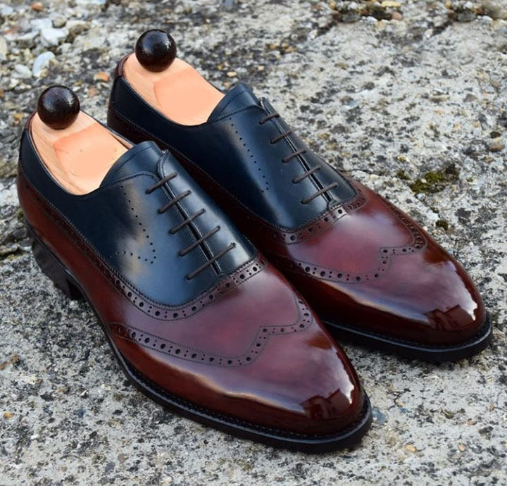 Handmade Burgundy Navy Blue Men's Leather Shoes, Men's Lace Up Wing Tip Shoe