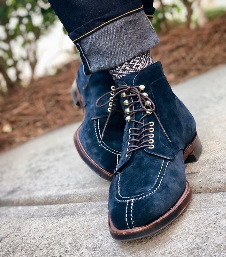 Handmade Navy Blue Lace Up Suede Boot, Men's Dress Formal Split Toe Ankle