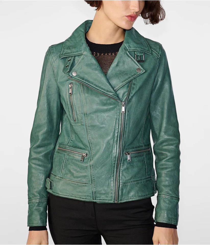 Sea Green Womens Distressed Leather Biker Jacket