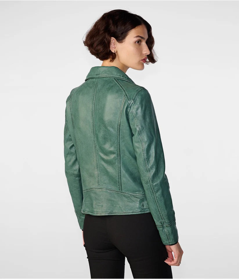 Sea Green Womens Distressed Leather Biker Jacket