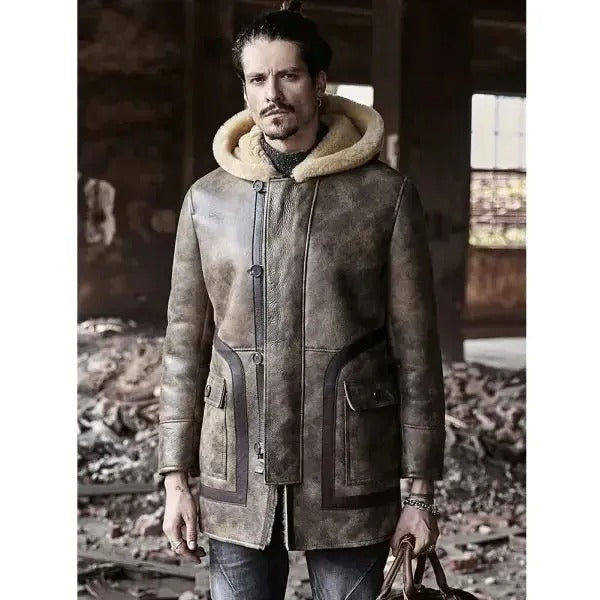 Hooded Men's Waxed Sheepskin Fur Coat