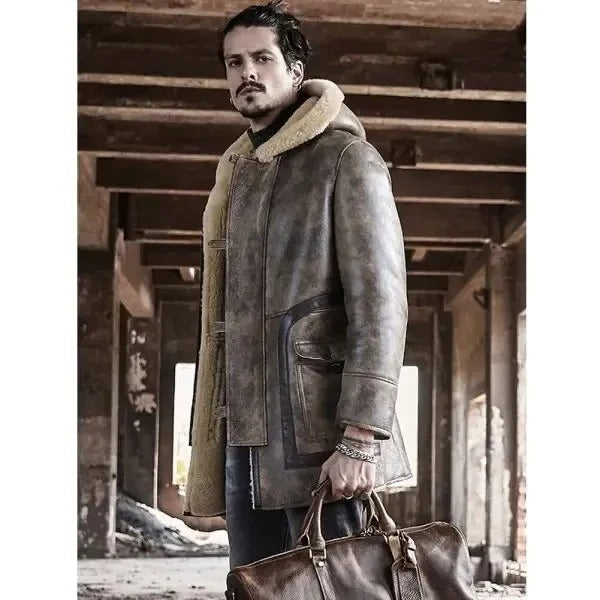 Hooded Men's Waxed Sheepskin Fur Coat