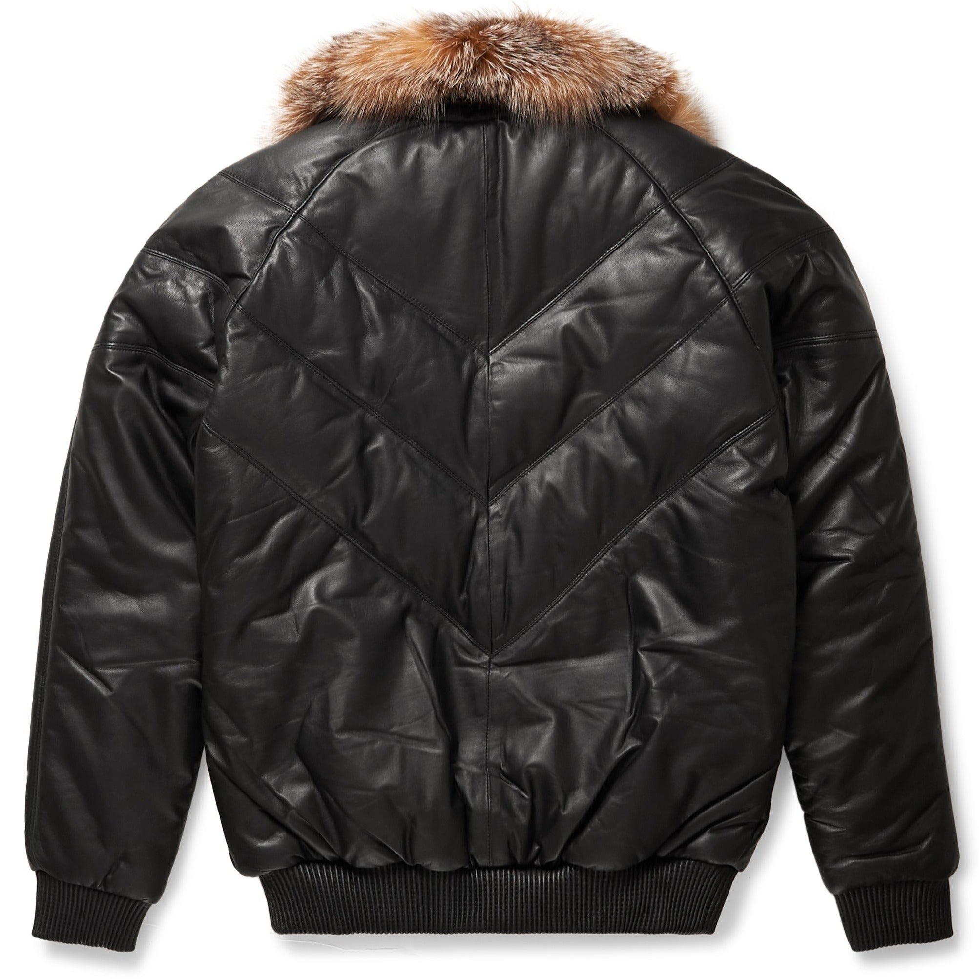 Sleek Black Leather V-Bomber Jacket Adorned with Luxurious Crystal Fox Fur