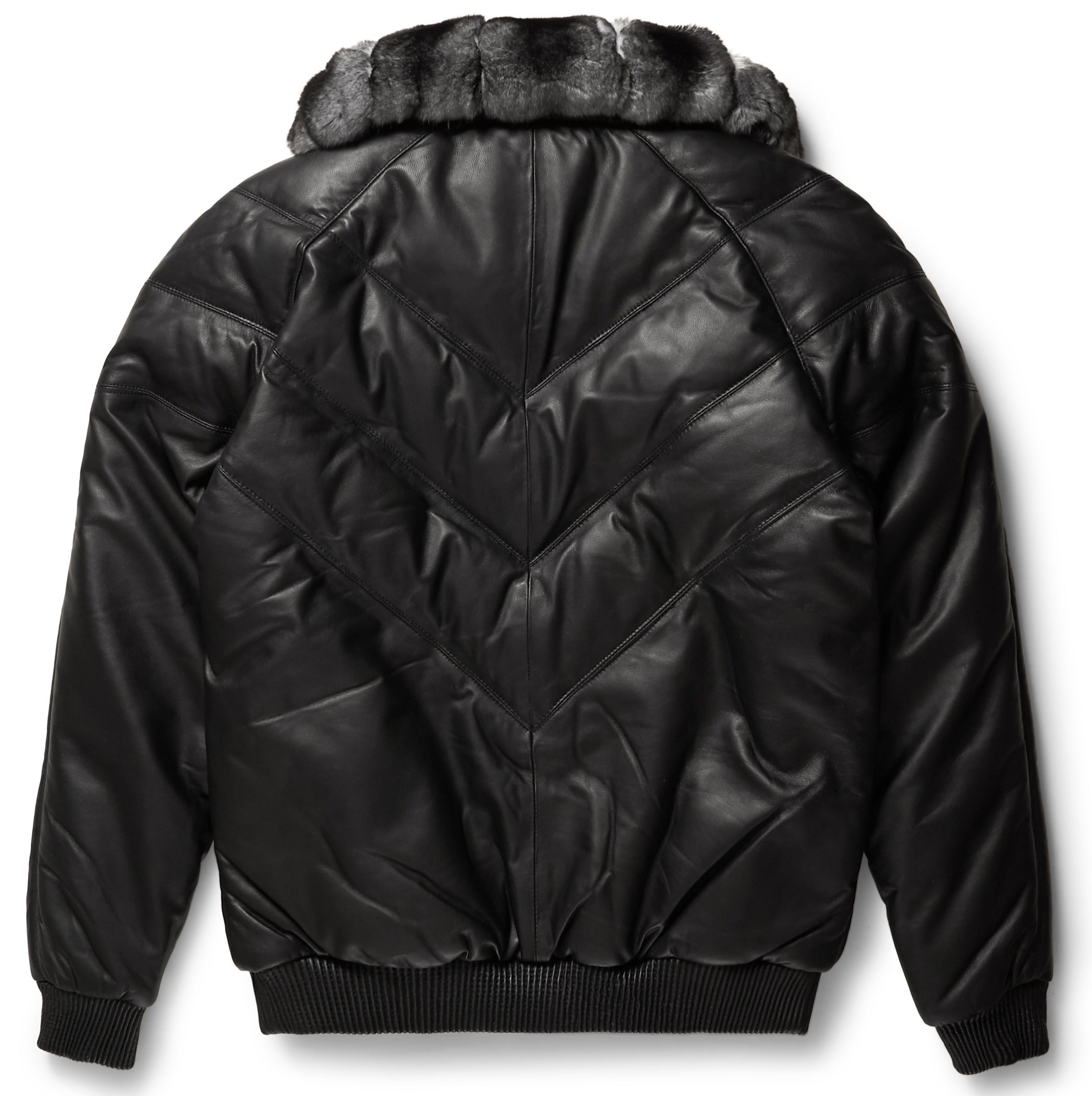 Sleek Black Leather V-Bomber Jacket for Effortless Style