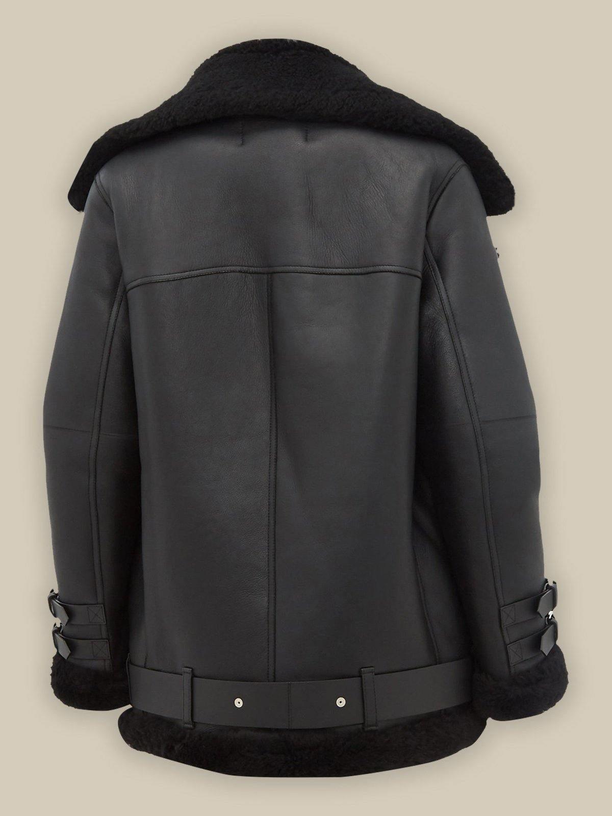 Chic Women's B3 Shearling Leather Jacket in Sleek Pitch Black