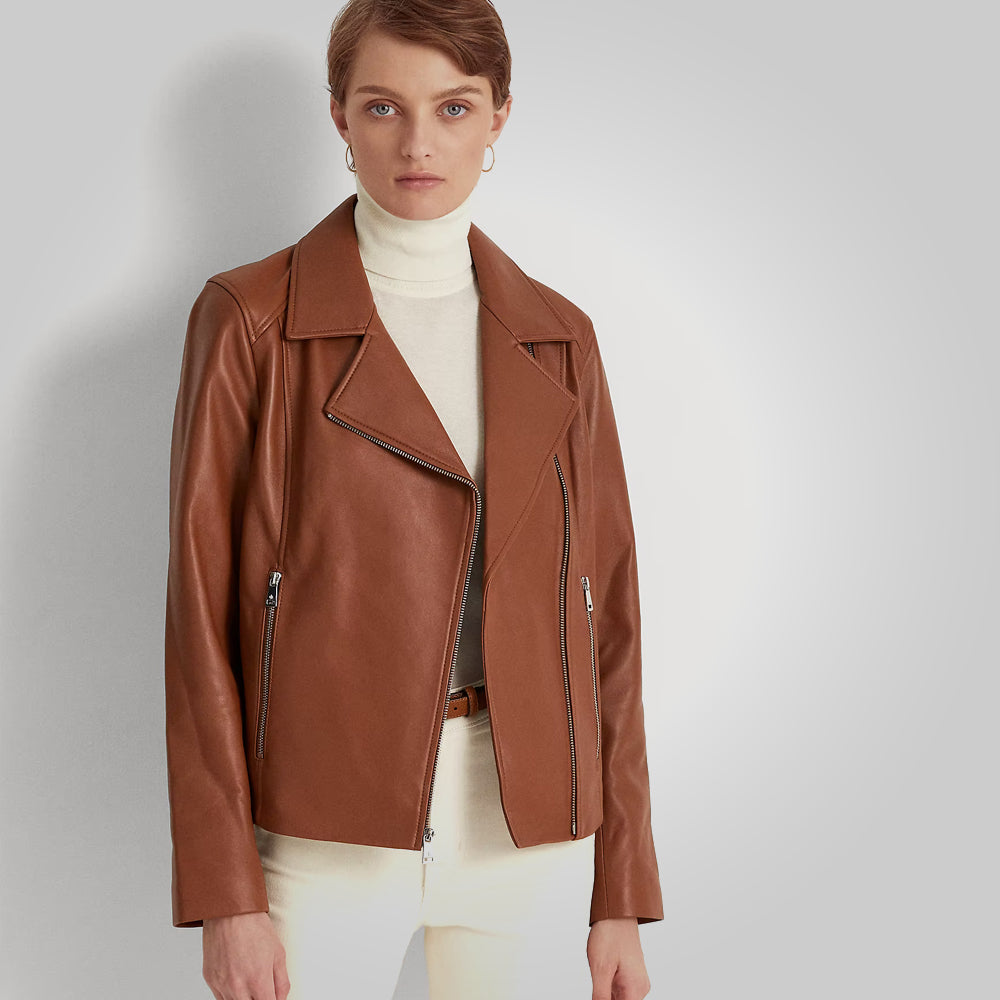 Women Brown Moto Lambskin Motorcycle Jacket