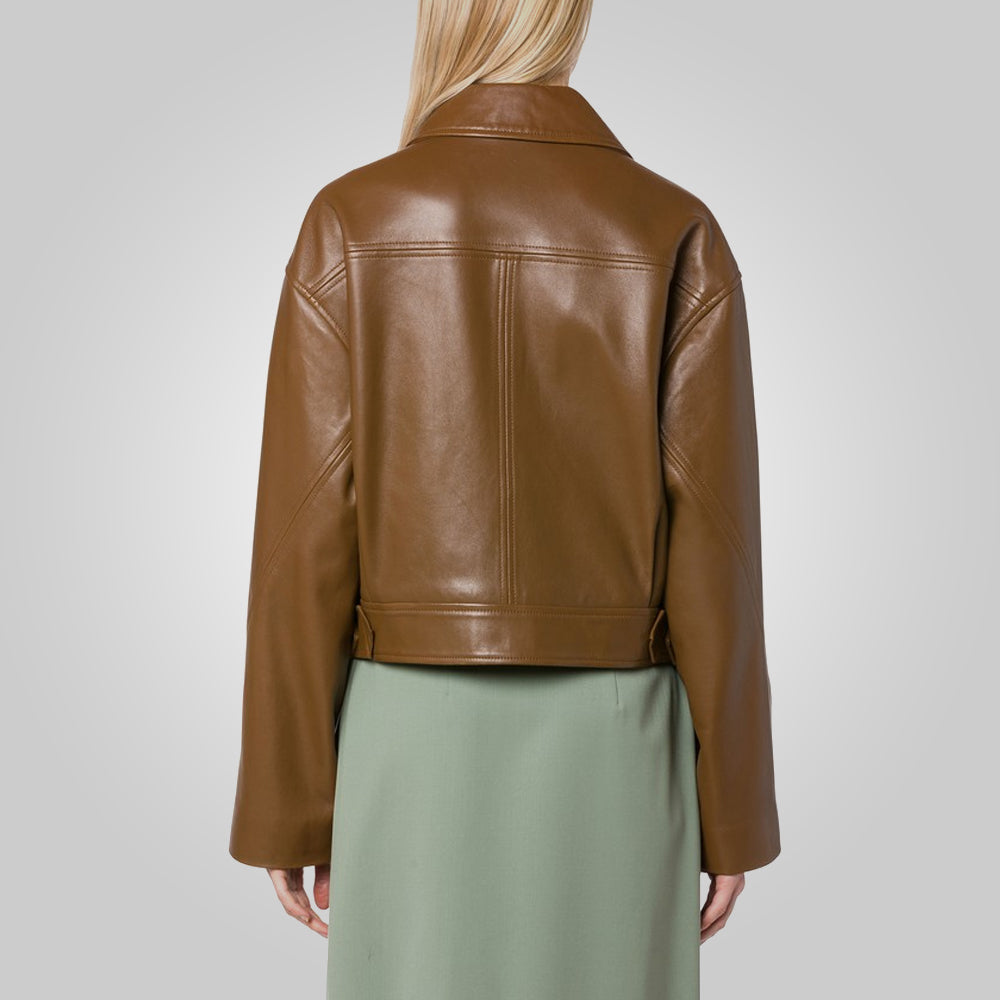 Women Brown Pointed Collar Plain Leather Jacket