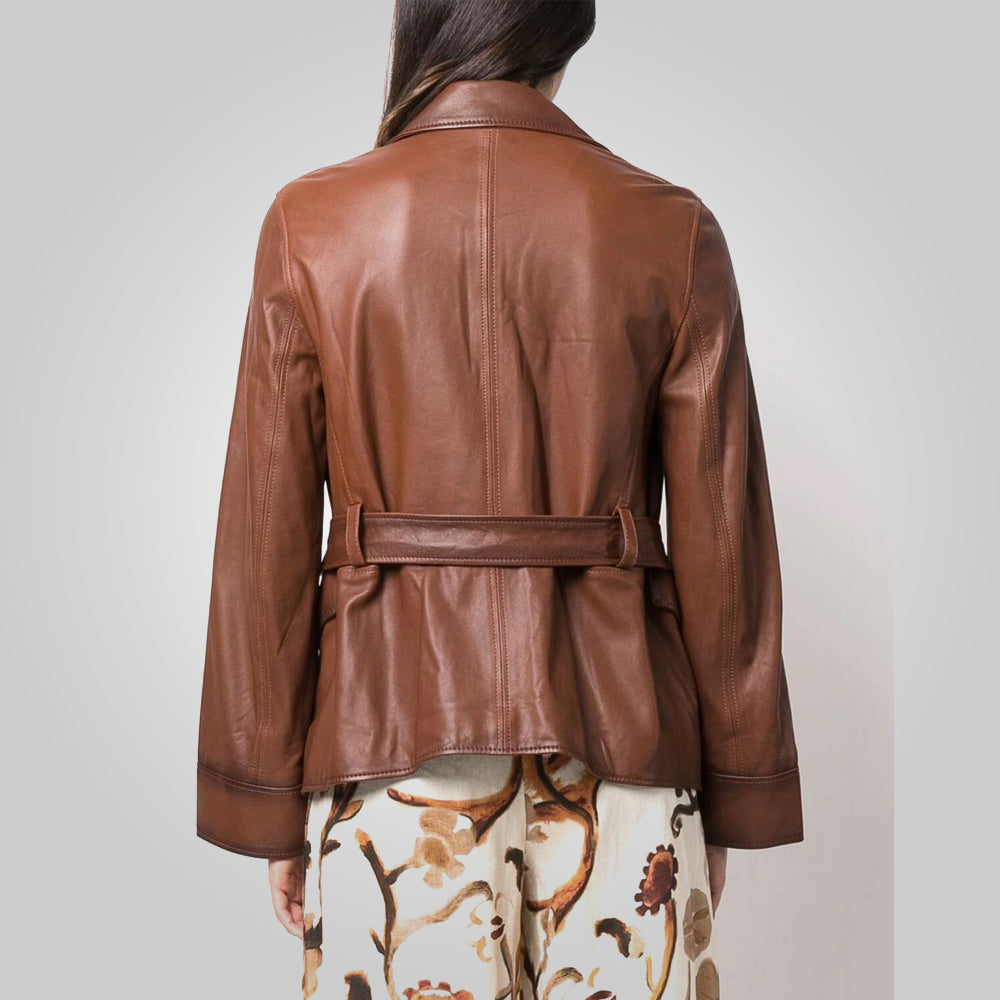 Women Goatskin Belted Brown Leather Jacket