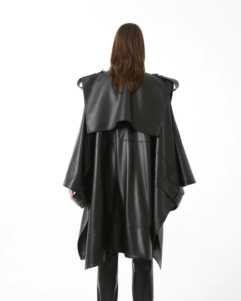 Women Oversized Cape Leather Trench Coat