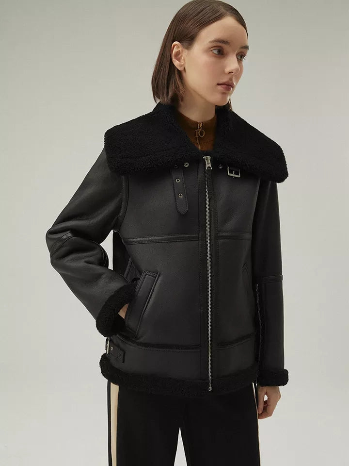 Women’s Matte Black Leather White Shearling Coat Jacket