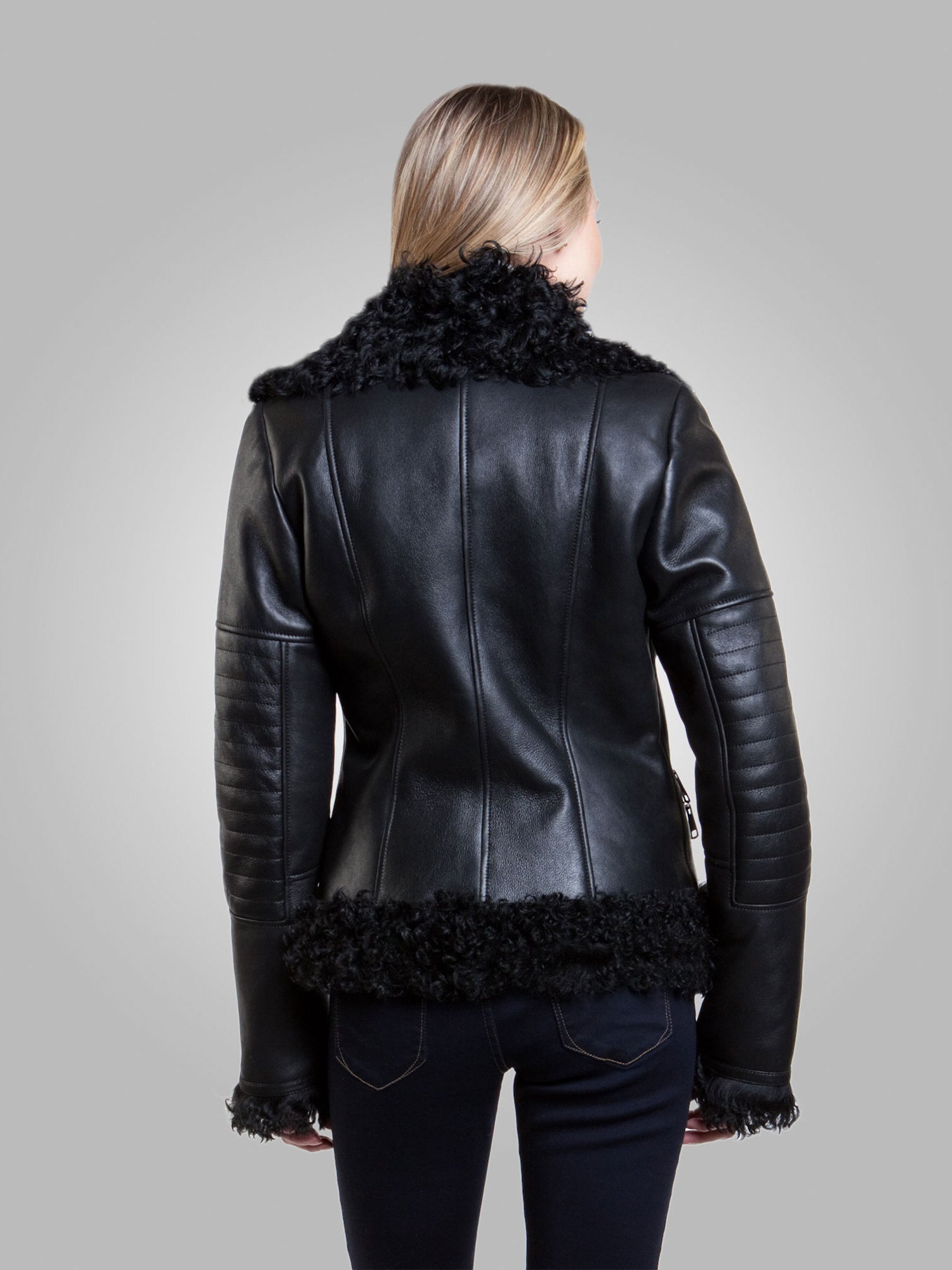 Women’s Black Leather Black Shearling Big Collared Jacket