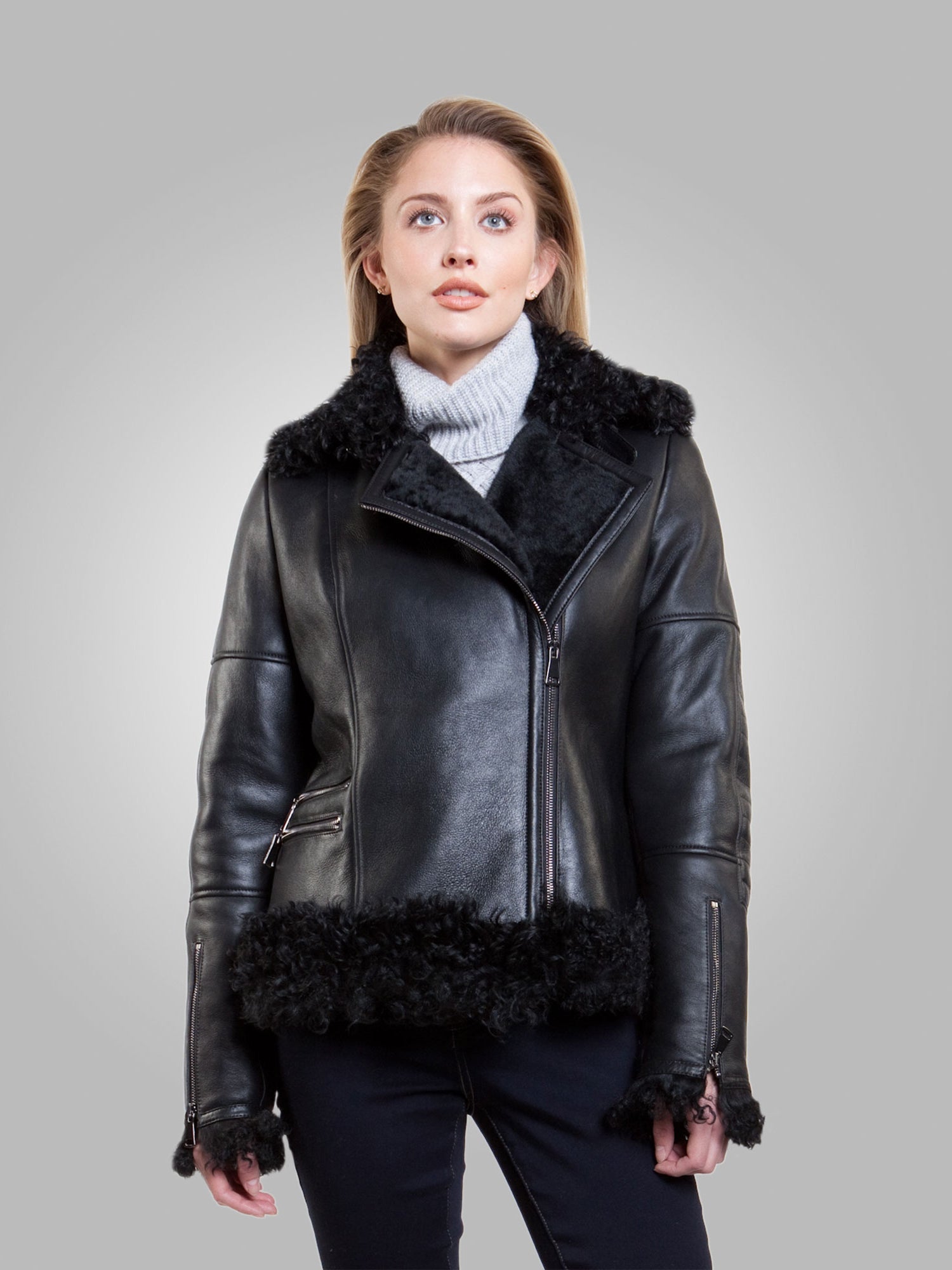 Women’s Black Leather Black Shearling Big Collared Jacket