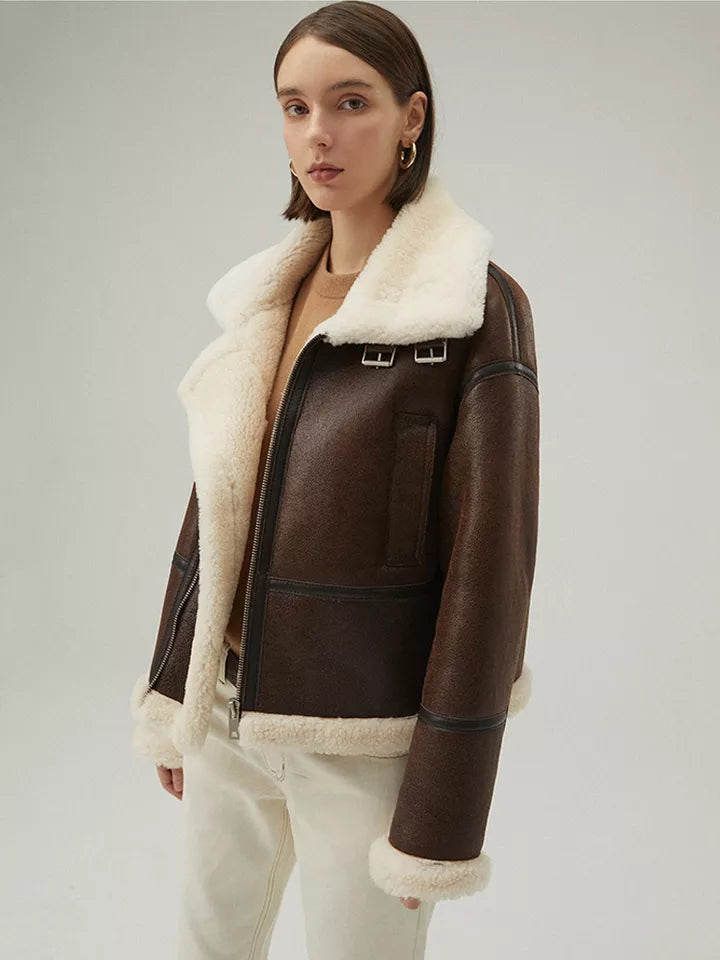 Women’s Chocolate Brown Leather Shearling Aviator Jacket