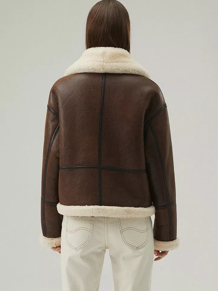 Women’s Chocolate Brown Leather Shearling Aviator Jacket