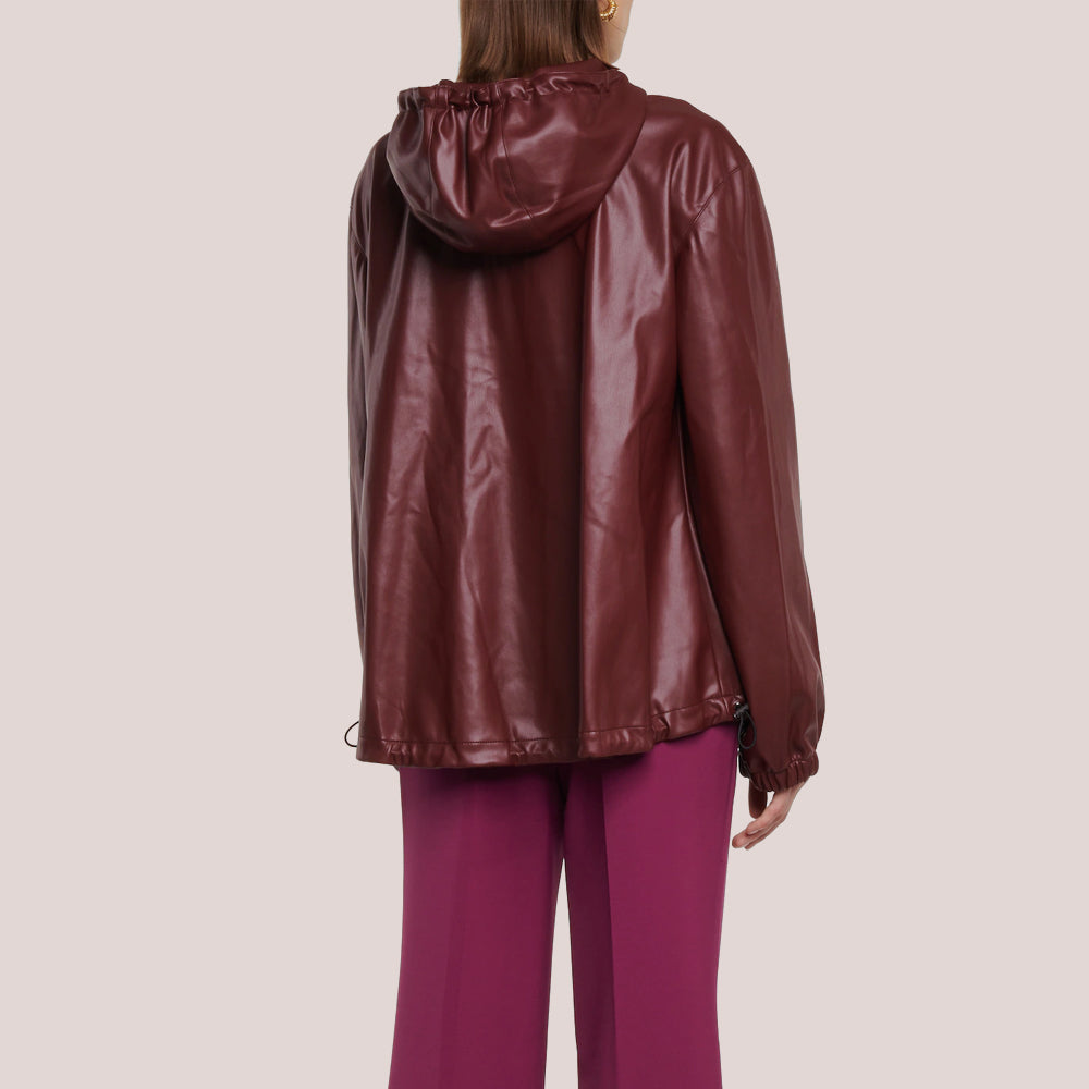 Women's Hooded Red Leather Bomber Jacket